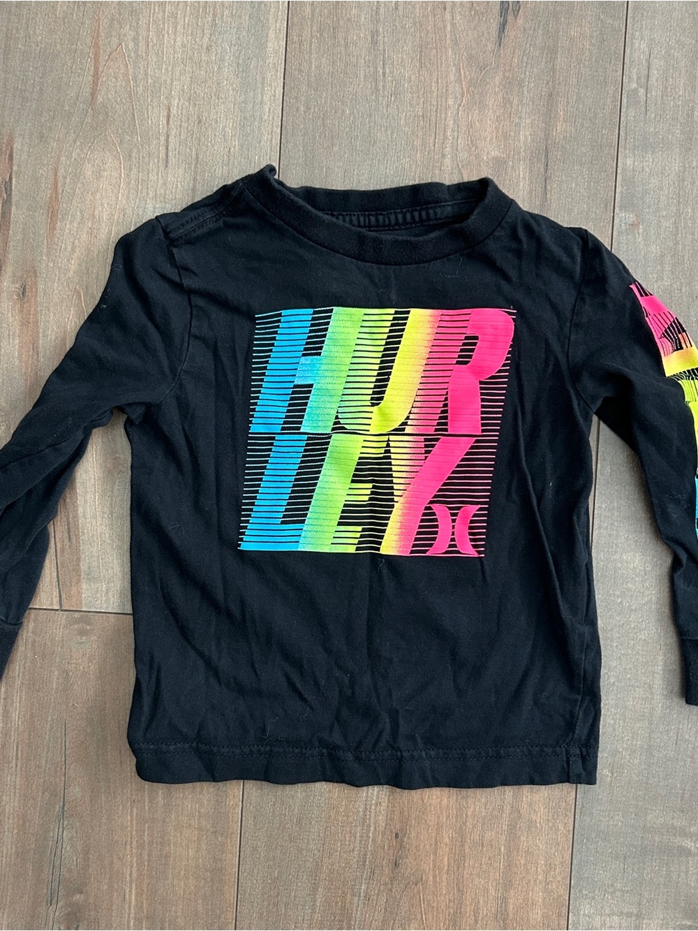 Hurley Black Long-Sleeve Tee with Neon Blue, Green & Pink Logo
